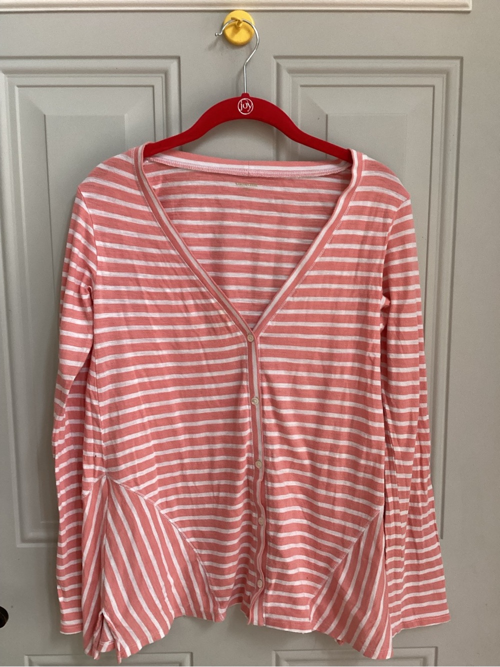 Garnet Hill Coral and White Striped Long Sleeve Button Cardigan